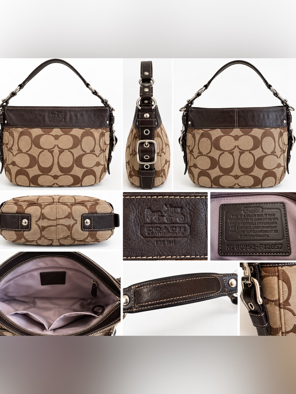 Coach Signature C Jacquard Leather Trim Hobo Shoulder Bag Brown Tan F12657